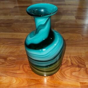 Beautiful 10” Hand Blown Turquoise Swirl Murano Inspired Vase